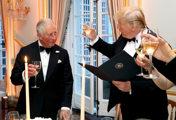 U.S. President Donald Trump and Britain's Prince Charles toast, during the Return Dinner in Winfield House, the residence of the Ambassador of the United States of America to the U.K., in Regent's Park, part of the president's state visit to the U.K., in London, on June 4, 2019.