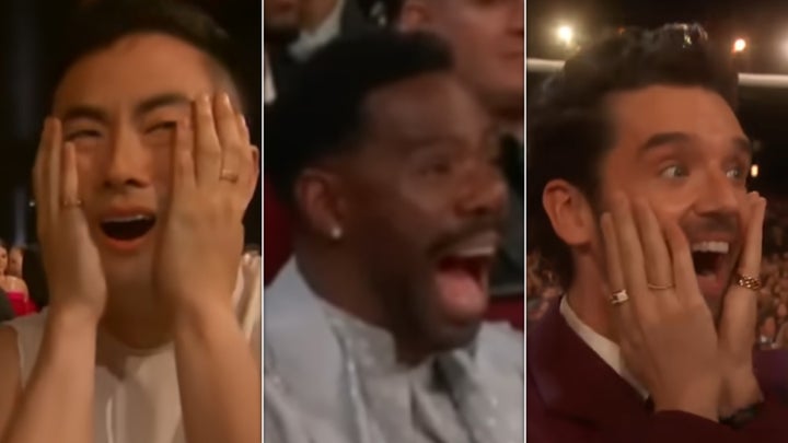 Bowen Yang, Colman Domingo and Michael Urie’s reaction to Jeff Hiller winning their Emmy category.