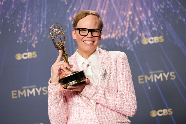 Jeff Hiller poses with his Emmy for Outstanding Supporting Actor in a Comedy Series for Somebody Somewhere Sunday night.