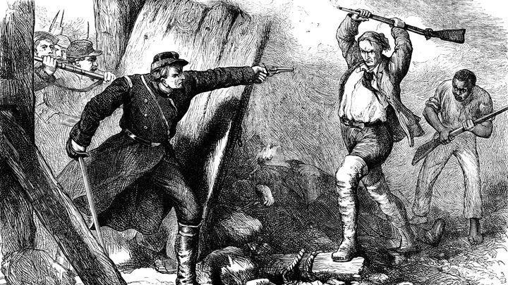 An illustrated depiction (circa 1880) of the capture of abolitionist John Brown in the engine house at Harpers Ferry, Virginia, in 1859. Brown believed that armed insurrection was the only way to end slavery in the United States and led a raid on the federal armory at Harpers Ferry that was intended to obtain weapons to begin an uprising against slavery in the southern states. Brown was captured after the raid, tried and hanged for treason. 