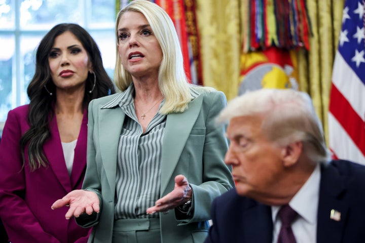 Pictured left to right is Homeland Security Secretary Kristi Noem, Attorney General Pam Bondi and President Donald Trump at the White House on September 15.