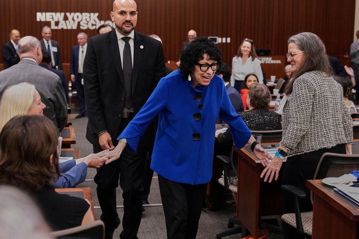 Supreme Court Justice Sonia Sotomayor greets audience members after she spoke at the New York Law School's Constitution and Citizen Day Summit, in New York, Tuesday, Sept. 16, 2025. (AP Photo/Richard Drew)