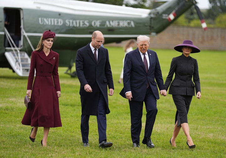 Britain's Prince William and Kate, Princess of Wales, left, receive President Donald Trump and first lady Melania Trump at Windsor Castle in Windsor, England, on Sept. 17, 2025.