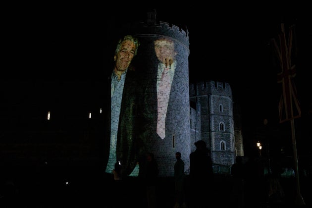 Political campaign group Led By Donkeys project an image of Jeffrey Epstein and Donald Trump onto Windsor Castle as US President Trump's second state visit to the UK begins on 16th September 2025