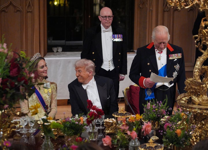 King Charles III delivers a speech as President Donald Trump and the Princess of Wales listen at Windsor Castle on Sept. 17.