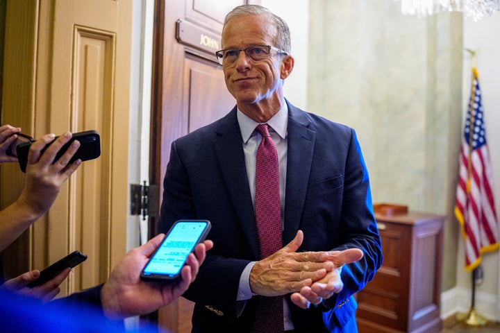 U.S. Senate Majority Leader John Thune (R-SD) takes a question from a reporter outside his office at the U.S. Capitol Building on September 18, 2025 in Washington, DC. (Photo by Andrew Harnik/Getty Images)