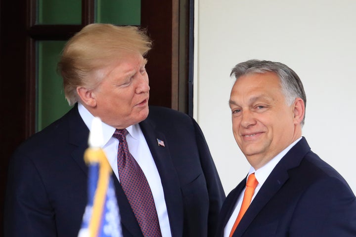 President Donald Trump, left, welcomes Hungarian Prime Minister Viktor Orban to the White House in Washington, on May 13, 2019.