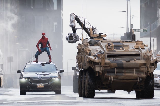 Tom Holland on the set of the next Spider-Man film in Glasgow last month