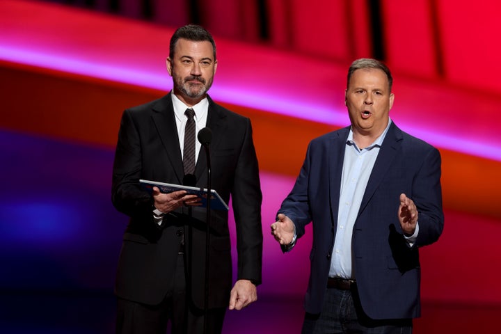 From Left: Jimmy Kimmel and Sal Iacono present the AP Offensive Player of the Year Award at the NFL Honors show at the YouTube Theater on Feb. 10, 2022, in Inglewood, California.