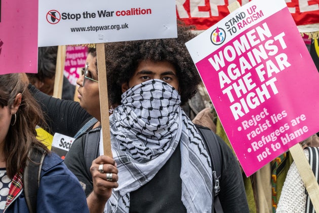 The counter protest by Stand Up to Racism and other anti fascist groups makes its way down Kingsway towards Trafalgar Square on September 13, 2025 in London, England. 