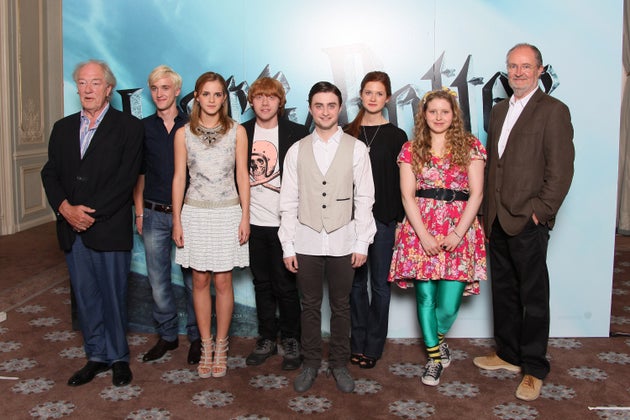 Michael Gambon, Tom Felton, Emma Watson, Rupert Grint, Daniel Radcliffe, Bonnie Wright, Jessie Cave and Jim Broadbent attending a photocall for Harry Potter And The Half-Blood Prince in July 2009.