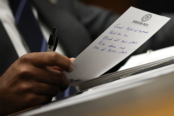 FBI Director Kash Patel held a handwritten note during a Sept. 17 hearing before the House Judiciary Committee. 