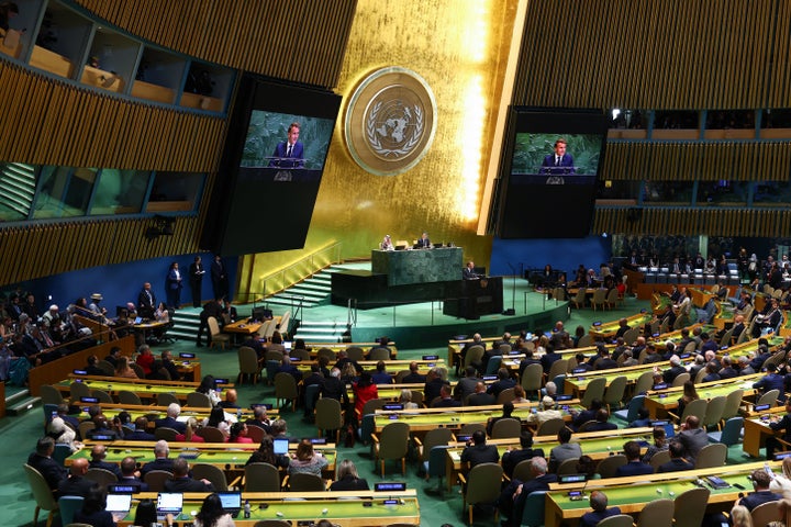 French President Emmanuel Macron speaks during a United Nations Summit on Palestinians during the UN General Assembly (UNGA) in New York on Monday.