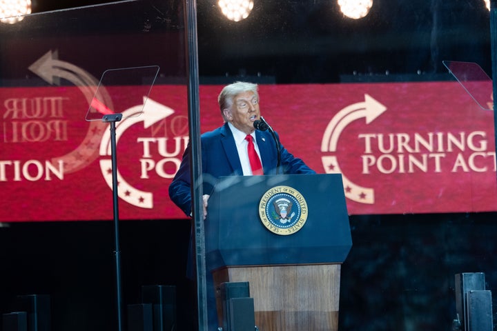 President Donald Trump paid tribute to Charlie Kirk at a memorial service held at the State Farm Stadium in Glendale, Arizona, on Sunday.