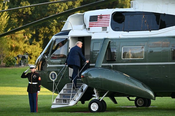 Donald Trump boards Marine One as he departs from the South Lawn of the White House on Sept. 22, 2025.