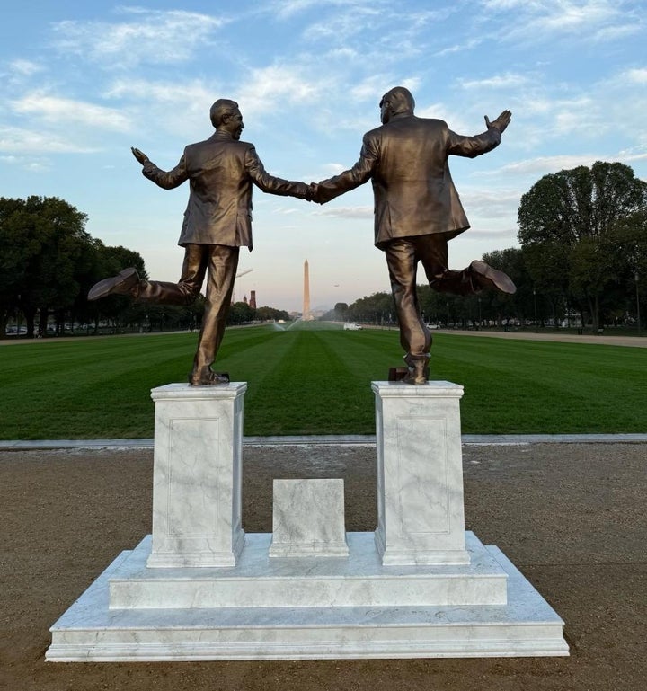 A satirical statue on the National Mall depicts President Donald Trump and sex offender Jeffrey Epstein frolicking and holding hands in celebration of Friendship Month in September.