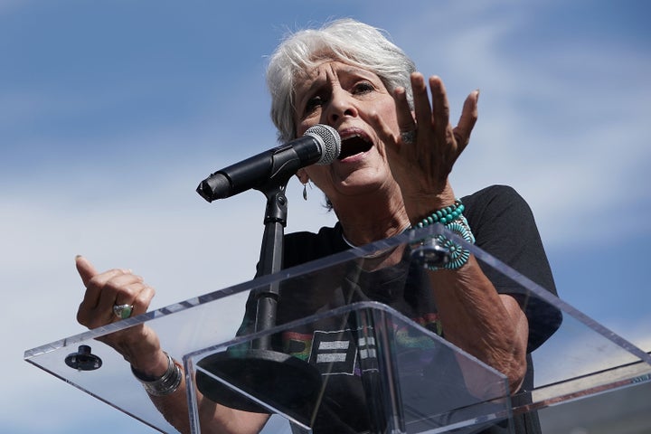 Joan Baez, seen here protesting Brett Kavanaugh's nomination to the U.S. Supreme Court in 2018.