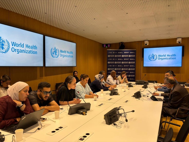 Shatha Abusrour and colleagues from various organizations meet with World Health Organization officials.