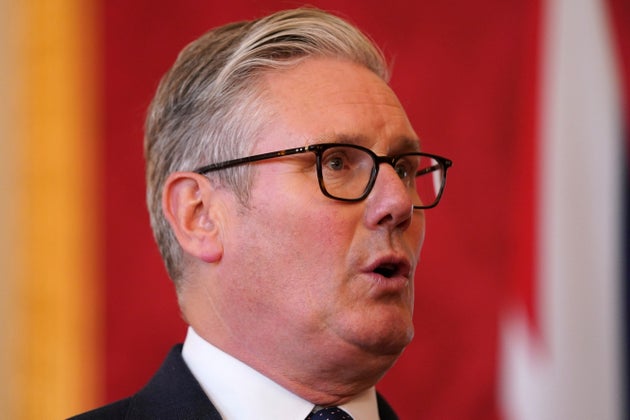 Keir Starmer speaks as he hosts representatives of the Civil Nuclear industry at a reception at Lancaster House in London, Monday, Sept. 15, 2025