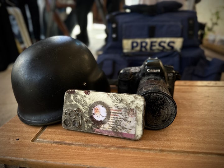 The camera, press vest, helmet and mobile phone belonging to the Mariam Abu Dagga, one of the five journalists killed in the Israeli army's attack on Nasser Medical Complex in Khan Yunis on August 25, are seen during an exclusive interview in Khan Yunis, Gaza on August 27, 2025. (Photo by Doaa Albaz/Anadolu via Getty Images)