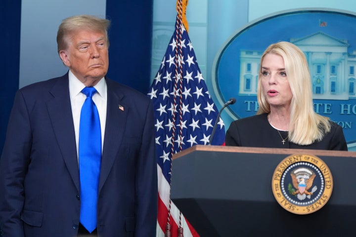Attorney General Pam Bondi speaks to reporters alongside President Donald Trump in Jun