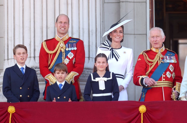 The royal family stands on the balcony during Trooping the Colour at Buckingham Palace on June 15, 2024, in London.