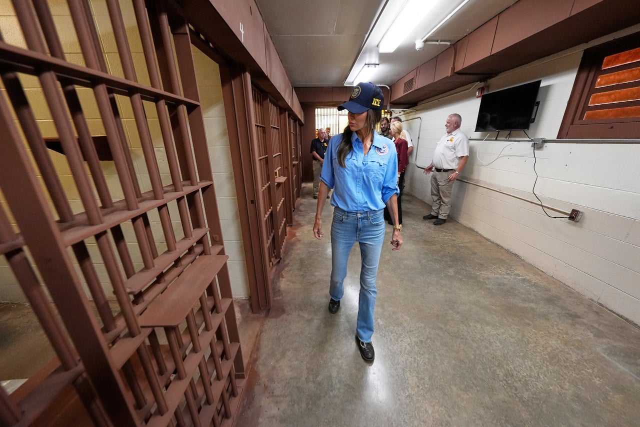 Homeland Security Secretary Kristi Noem tours "Camp 57," a facility to house immigration detainees at the Louisiana State Penitentiary in Angola, Louisiana, on Sept. 3.