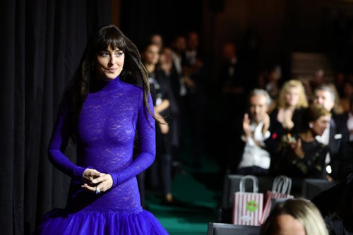 dakota johnson in blue dress Dani Gown in Navy – Tulle A-Line Lace Prom Dress