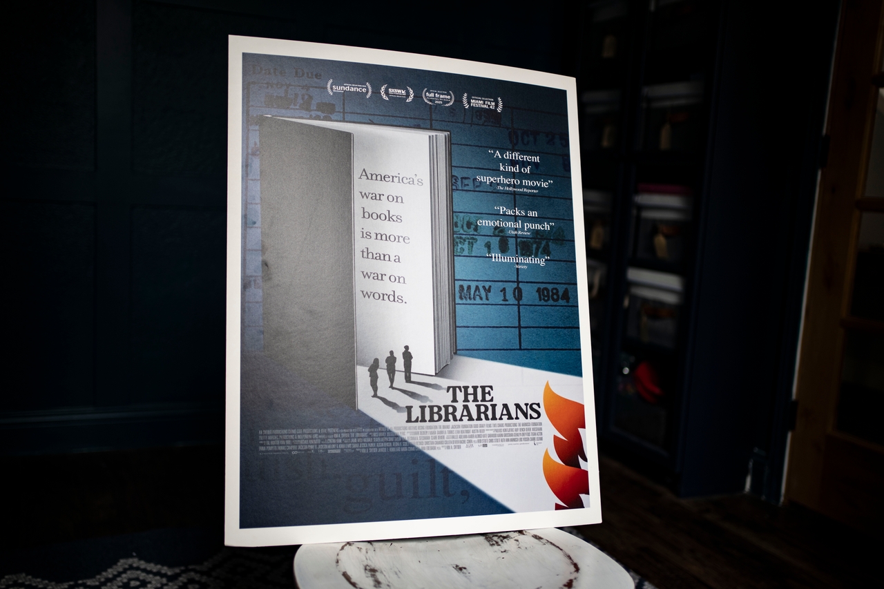A poster for The Librarians, a documentary about banned books featuring Laney Hawes and Chris Trackett, photographed on Sept. 6, 2025.