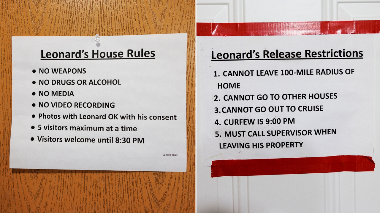 Signs hang in Peltier's home noting restrictions on his activities. Since he was released from prison, he's been pushing for some of his restrictions to be loosened.