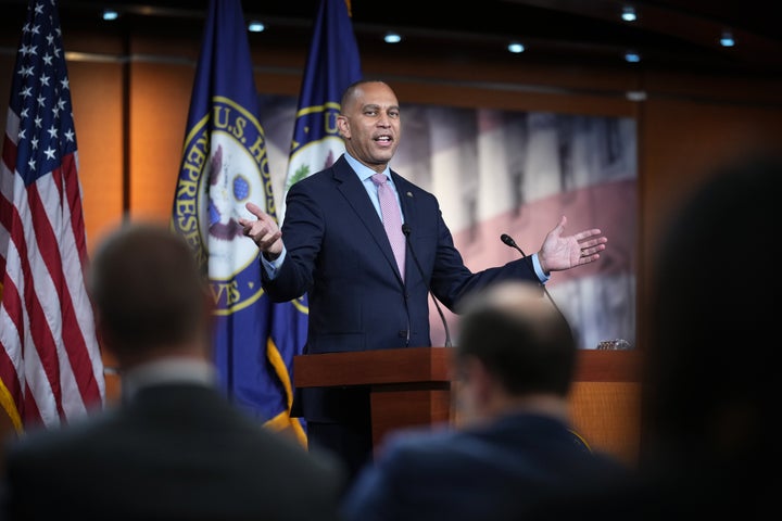 House Minority Leader Hakeem Jeffries, D-N.Y., meets with reporters at the Capitol in Washington, Thursday, Sept. 25, 2025, days before federal funding runs out that could trigger a government shutdown. (AP Photo/J. Scott Applewhite)