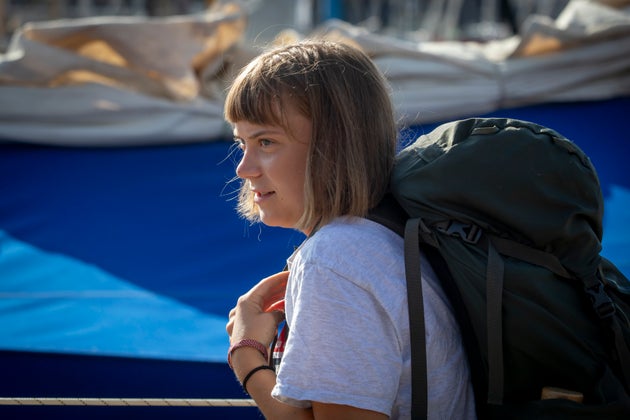 スペイン・バルセロナの港で、ガザに向けて出発する前のグレタ・トゥーンベリさん