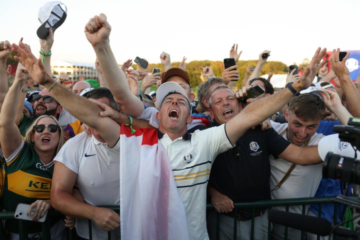 Rory McIlroy of Team Europe celebrates with the fans during the Sunday singles matches of the 2025 Ryder Cup at Black Course at Bethpage State Park Golf Course on September 28, 2025 in Farmingdale, New York.