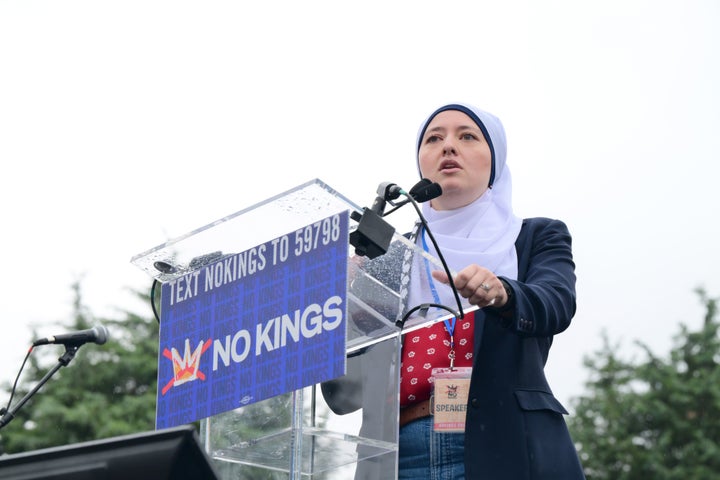 Georgia state Rep. Ruwa Romman speaks at a No Kings rally in Philadelphia's Love Park on June 14, 2025. Romman, a progressive known for her Palestinian advocacy, announced on Sep. 29, 2025, that she is joining the crowded race for Georgia governor.