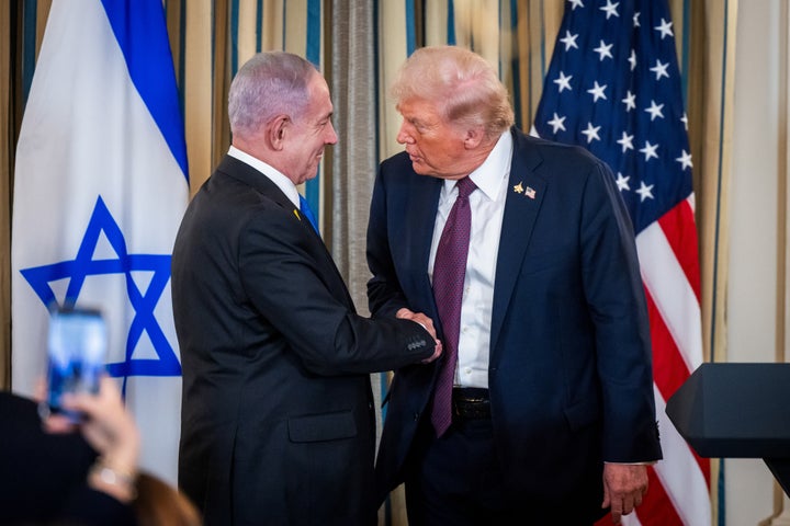 President Donald Trump and Israeli Prime Minister Benjamin Netanyahu shake hands at a press conference in the White House in Washington, D.C., on Sept. 29, 2025. The White House released a 20-point plan designed to end the war between Israel and Hamas in Gaza.
