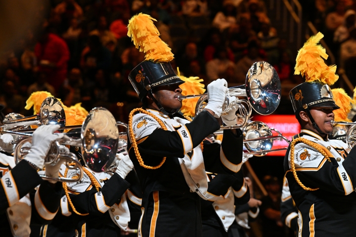 Members of the Alabama State University Mighty Marching Hornets band perform during The HBCU Culture Homecoming Fest & Battle Of The Bands MLK Weekend Edition at State Farm Arena on Jan. 15, 2023 in Atlanta, Georgia.