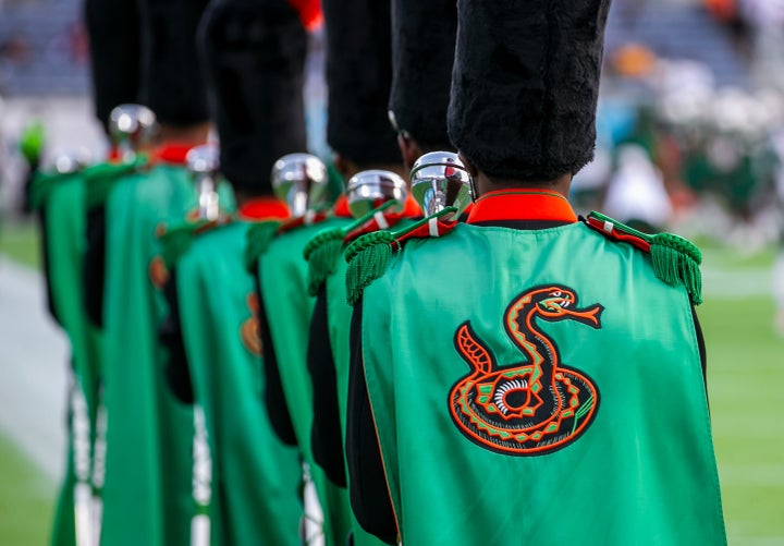 Members of the Marching 100 walk to their positions during the Florida Blue Florida Classic game between the FAMU Rattlers and the Bethune-Cookman Wildcats on Saturday Nov. 18, 2023 at Camping World Stadium in Orlando, FL. (Photo by Nick Tre. Smith/Icon Sportswire via Getty Images)