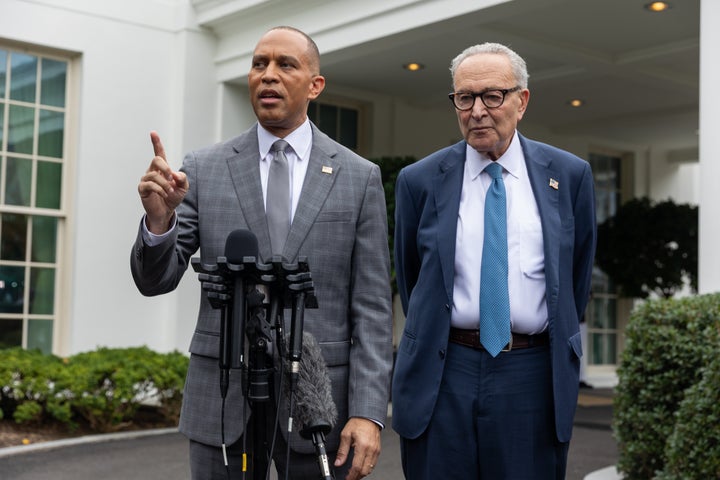 House Minority Leader Hakeem Jeffries and Senate Minority Leader Chuck Schumer speak during a press conference outside of the White House in Washington, D.C., United States on September 29, 2025.