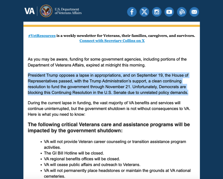 The newsletter that went out to veterans and their families on Tuesday, with the partisan message highlighted.
