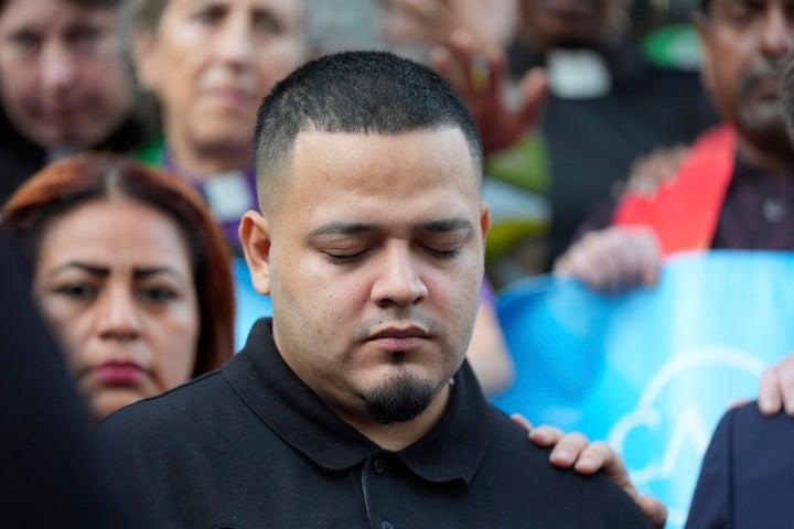 Kilmar Abrego Garcia attends a protest rally at the Immigration and Customs Enforcement field office in Baltimore, Monday, Aug. 25, 2025.