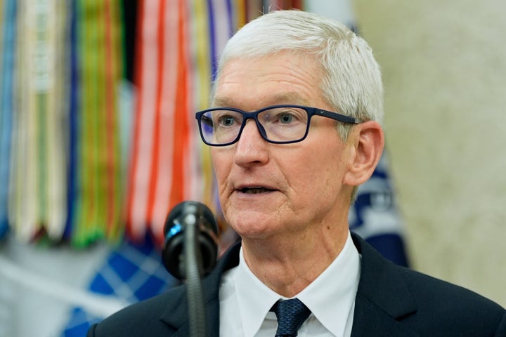 Apple CEO Tim Cook speaks in the Oval Office, Wednesday, Aug. 6, 2025, in Washington. (AP Photo/Alex Brandon)