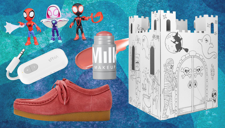Spiderman toy set, AirFly Bluetooth converter, Project Cloud moccasins, Milk Makeup lip stain and cardboard Halloween playhouse.