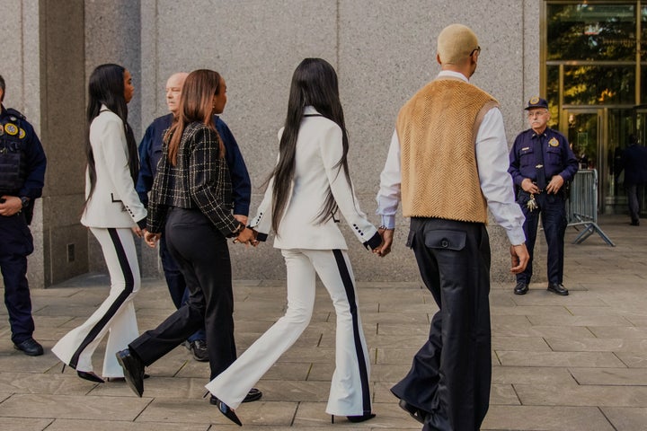 Four of Combs' seven children appear outside the Manhattan courthouse: Quincy Brown, Chance Combs, D'lila Combs and Jessie Combs.