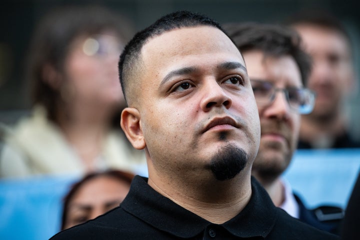 Kilmar Abrego Garcia, a Maryland man who was deported to El Salvador earlier this year, arrives for a check-in at the Immigration and Customs Enforcement (ICE) field office in Baltimore, Maryland, US, on Monday, Aug. 25, 2025. (Graeme Sloan/Bloomberg via Getty Images)