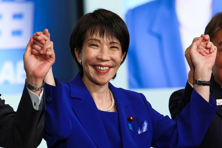 Newly-elected leader of Japan's Liberal Democratic Party (LDP) Sanae Takaichi celebrates after winning the LDP leadership election in Tokyo, Japan, Saturday, Oct. 4, 2025.
