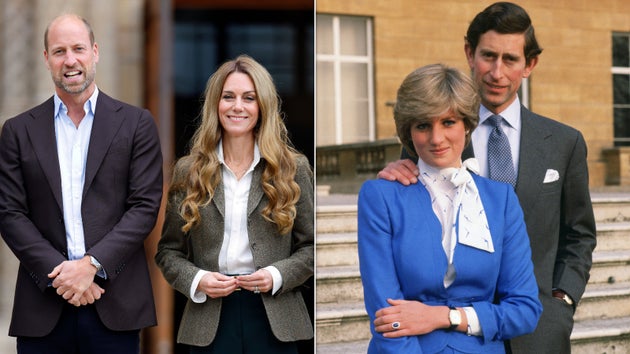 Prince William and Catherine, Princess of Wales and the late Princess Diana and then Prince Charles