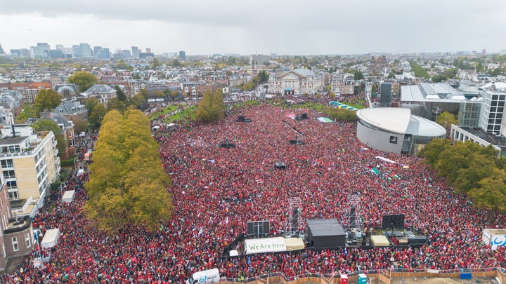 An aerial view shows hundreds of thousands of demonstrators at Museumplein demanding their government help stop Israel's offensive in Gaza, in Amsterdam, Netherlands on Oct. 5, 2025. 