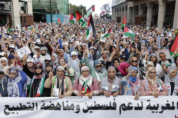 Demonstrators march to demand an end to Israel's offensive in the Gaza Strip and the release of activists taken while aboard a flotilla, in Rabat, Morocco, on Oct. 5, 2025. Protesters also called for a reversal of the kingdom's decision to normalize relations between Morocco and Israel.