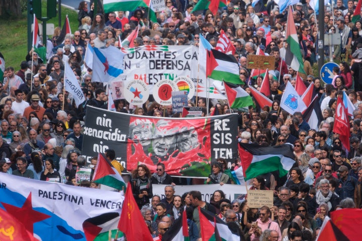 Protesters at the "Galicia with Palestine" rally demand an end to what they say is Israel's genocide in Gaza, on Oct. 5, 2025, in Santiago de Compostela, A Coruña, Galicia, Spain.