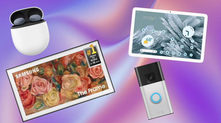 A pair of Google Pixels Buds Pro 2, a Samsung Frame TV, a Google Pixel tablet and a Ring Doorbell Plus.